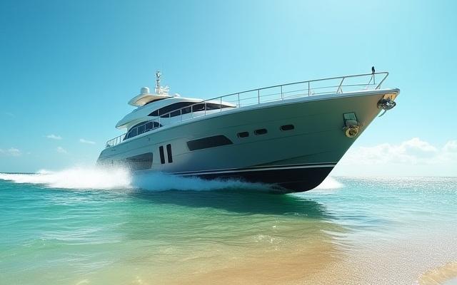 Yacht Aquarius, naviguant près d'une plage isolée, élégant et agile