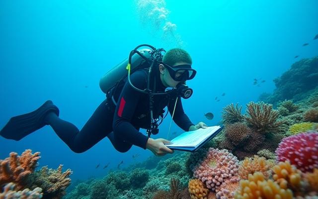 Biologiste marin étudiant un corail sous l'eau avec un équipement scientifique